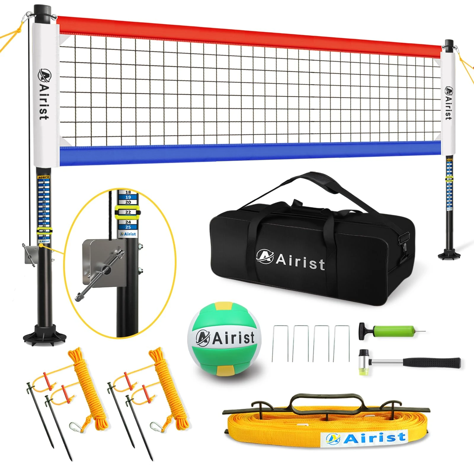 Airist Heavy Duty Volleyball Net Outdoor with Steel Anti-Sag System, Adjustable Aluminum Poles, Professional Volleyball Nets Set for Backyard and Beach, Ball and Carrying Bag (Blue and Red)