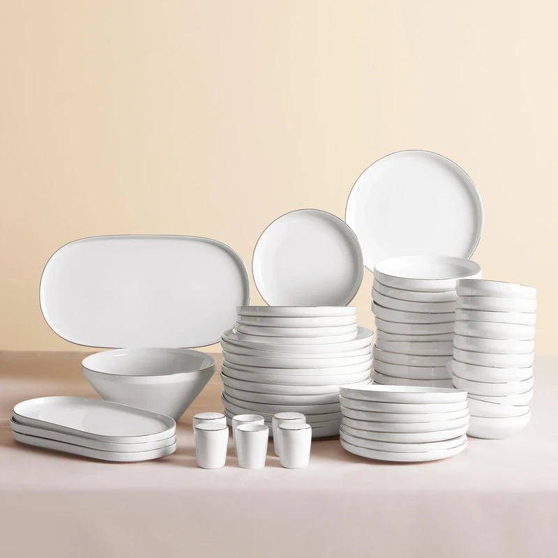 Karaca Streamline New Saturn 59-Piece New Generation Bone China Dinner Set for 12 People, Dinner Plates, Pasta Bowls, Side Plates, Soup Bowls, Serving Platters, Salad Bowl, Shakers, White Platinum