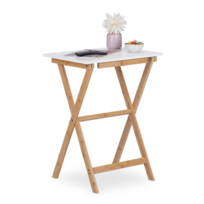 Relaxdays Folding Table, Bamboo, HxWxD: 63 x 47.5 x 37 cm, Space-Saving, Sturdy, for Indoors & Outdoors, White/Natural