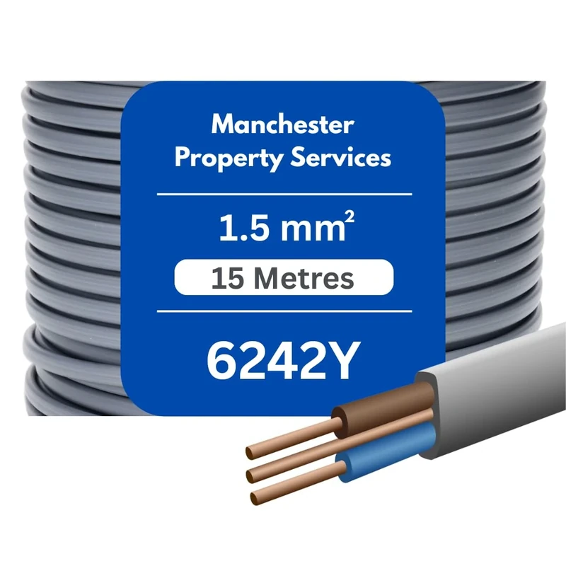 Twin and Earth Electric Cable 1.5mm / 2.5mm / 6mm 6242Y Flat Grey - Cut To Size (15 Metres, 1.5 mm Twin and Earth)