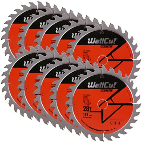 WellCut TCT Saw Blade, Plunge Saw Blade, Circular Saw Blade, Angle Grinder 165mm x 28T x 20mm Bore Pack of 10