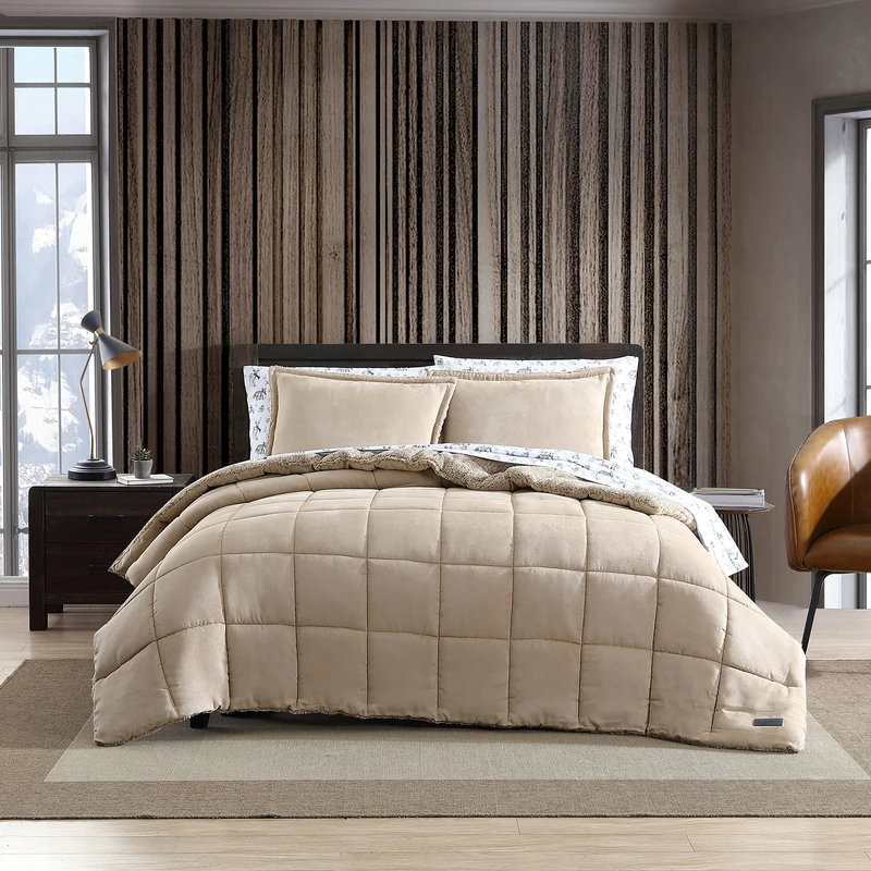 Eddie Bauer Reversible Sherpa Bedding with Matching Shams, Cozy & Warm Home Decor, Fleece Polyester, Sherwood Brown, Queen
