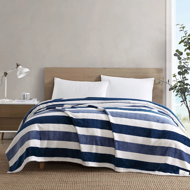 Nautica- Queen Blanket, Ultra Soft & Cozy Plush Home Décor, All Season Bedding (Awning Stripe Navy, Queen)