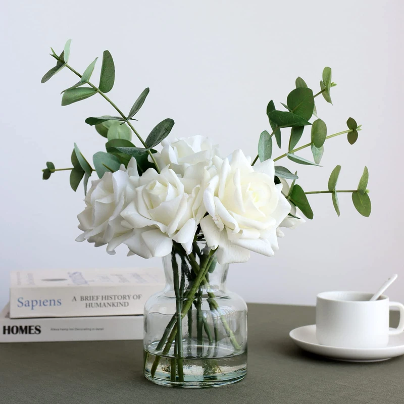 grtefhu 14" Artificial Flowers with White Roses in Vase, Fake Flowers in Artificial Water Vase, Silk Flower Arrangements in Vase with Artificial Flowers for Home Dining Table Decor.