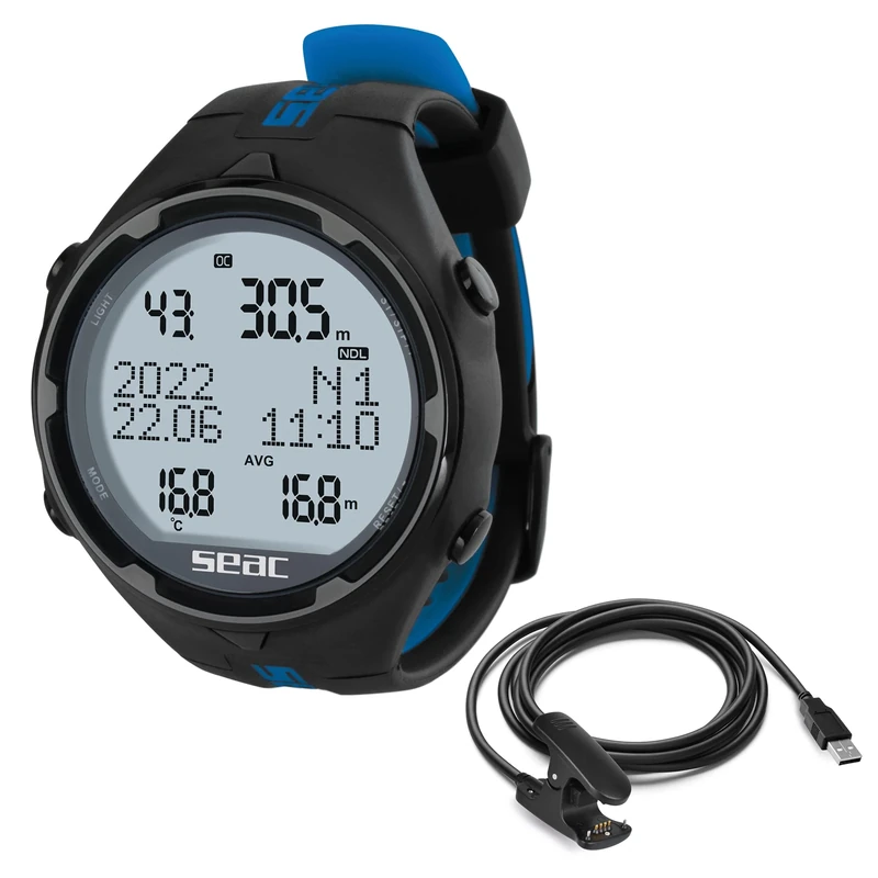 Seac Action, Dive Computer with Scuba and Freediving Mode, Dive Logbook, Dive Planner, Safety Alarms, black/blue HR + USB