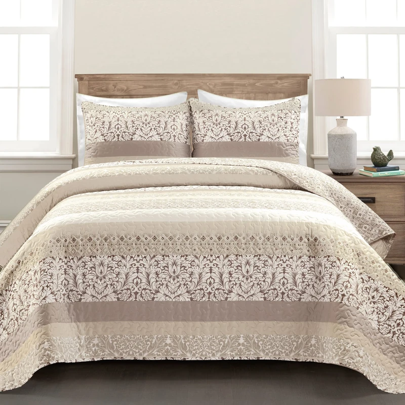 Lush Decor Boho Stripe Reversible Oversized 3 Piece Cotton Quilt Set, Neutral, Full/Queen