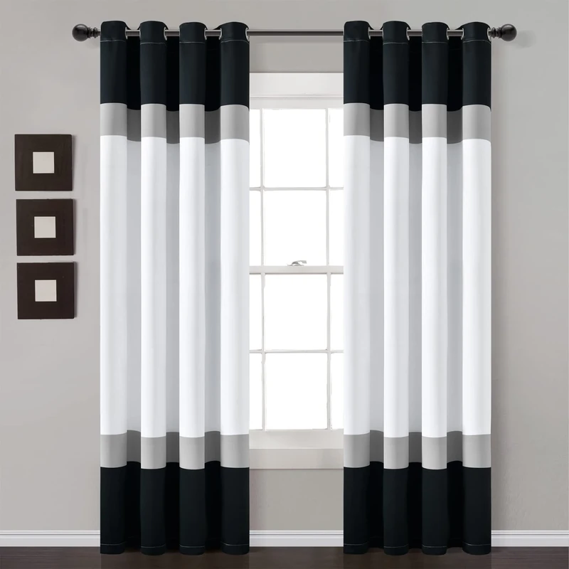 Lush Decor Alexander Color Block Light Filtering Window Curtain Panel Pair, 84" L x 52" W, Black & Gray