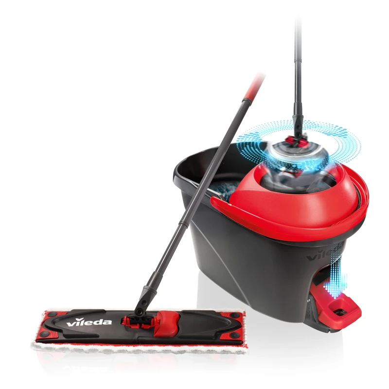 Vileda Ultramax Turbo 2-in-1 Floor Mop Complete Set, Mop with Telescopic Handle, Microfibre Cover and Bucket with Power Spinner, for All Hard Floors, Handle Length 75-130 cm, Eco Packaging