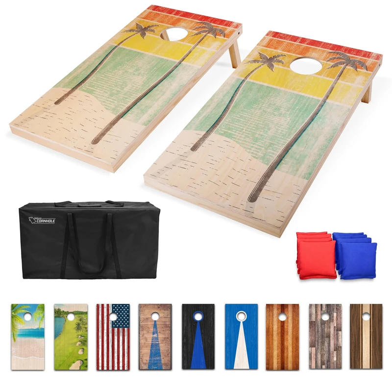GoSports 4 x 2 ft Regulation Size Wood Cornhole Board Set - Retro Beach Design, Includes 2 Boards, 8 Bean Bags, Carrying Case and Game Rules