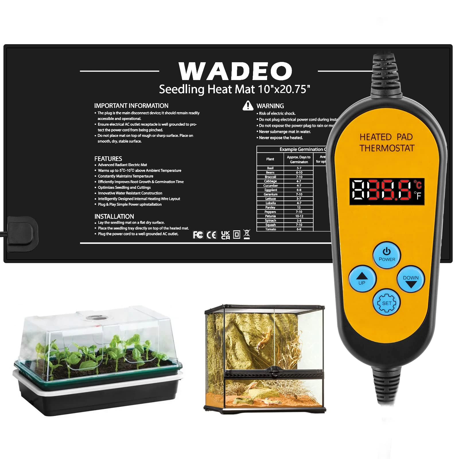 WADEO Heat Mat for Plants, [52 x 25cm], Seedling Heat Mat with Thermostat 5 to 45°C, Waterproof & Durable Plant Heat Mat, Heated Propagator for Seedling Germination, Mushroom, Reptile