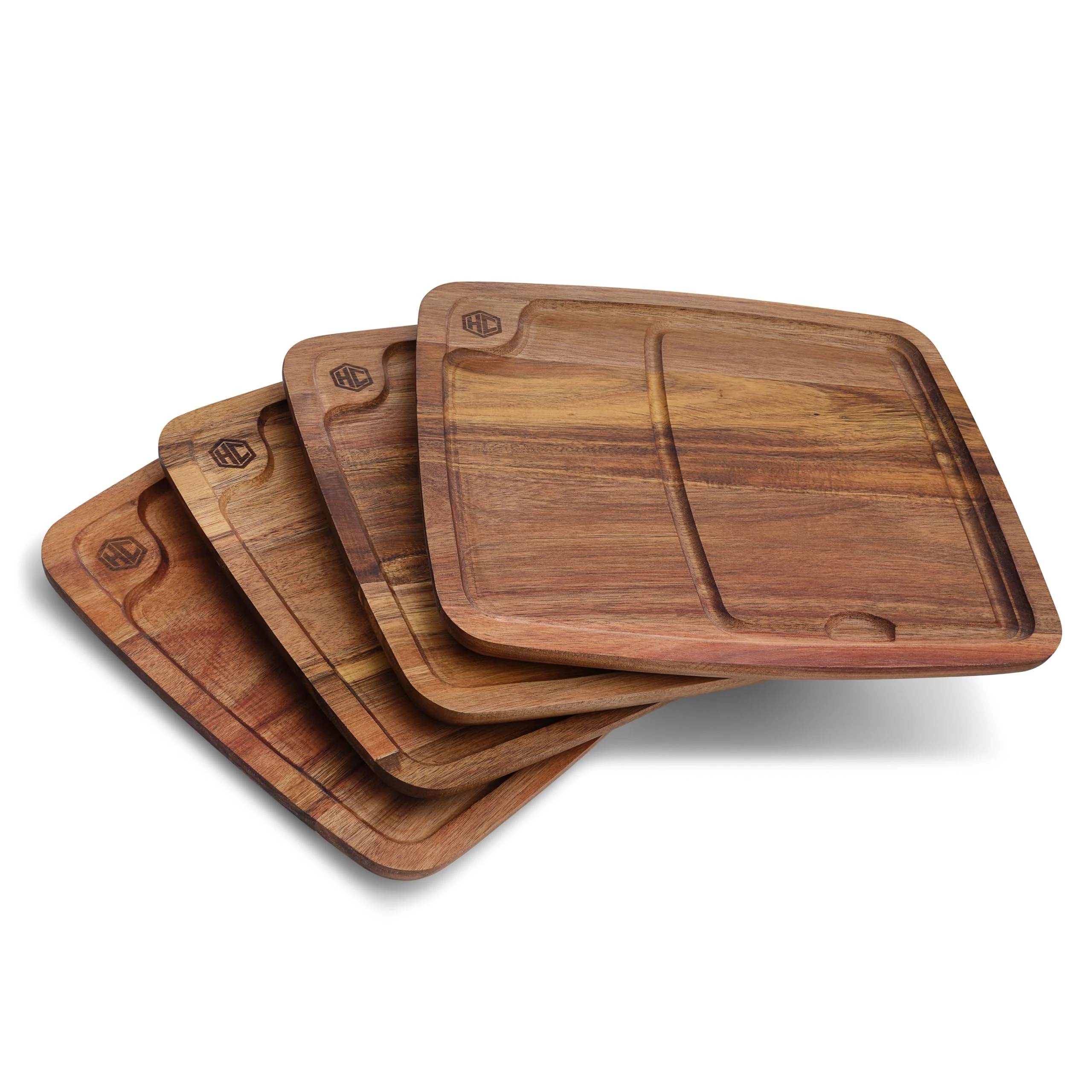 HexClad Bistecca Wooden Steak Plate Set, 4-Piece with Juice Channel for Meats, Easily Cleaned, Lightweight and Durable