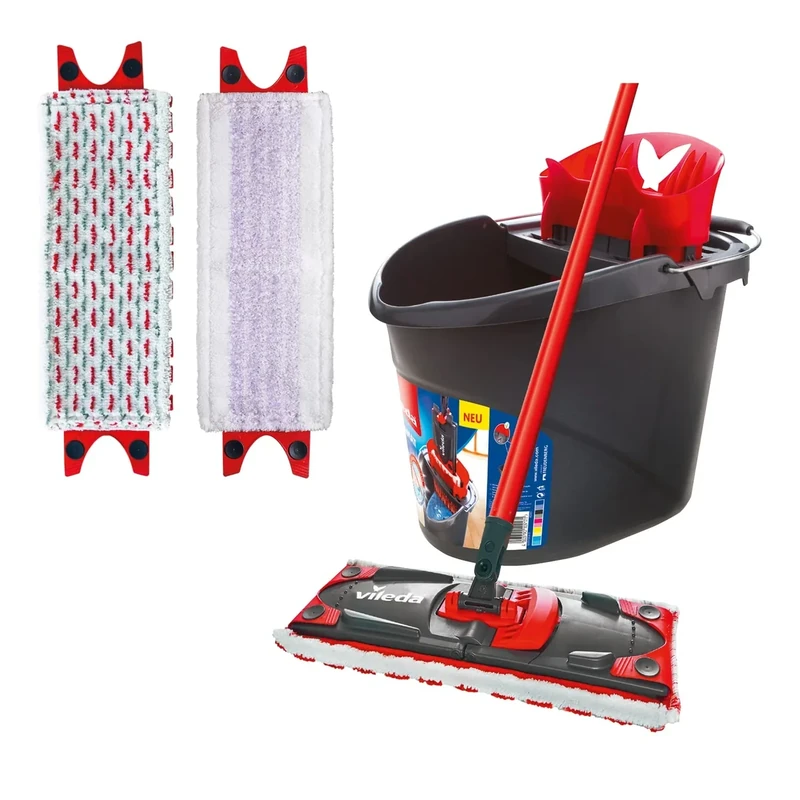 Vileda Ultramax Floor Mop Complete Set, Including 2-in-1 Microfibre Cover and Sensitive Cover, Bucket with Power Press, for Sensitive Floors, Handle Length 75-130 cm, Eco Packaging
