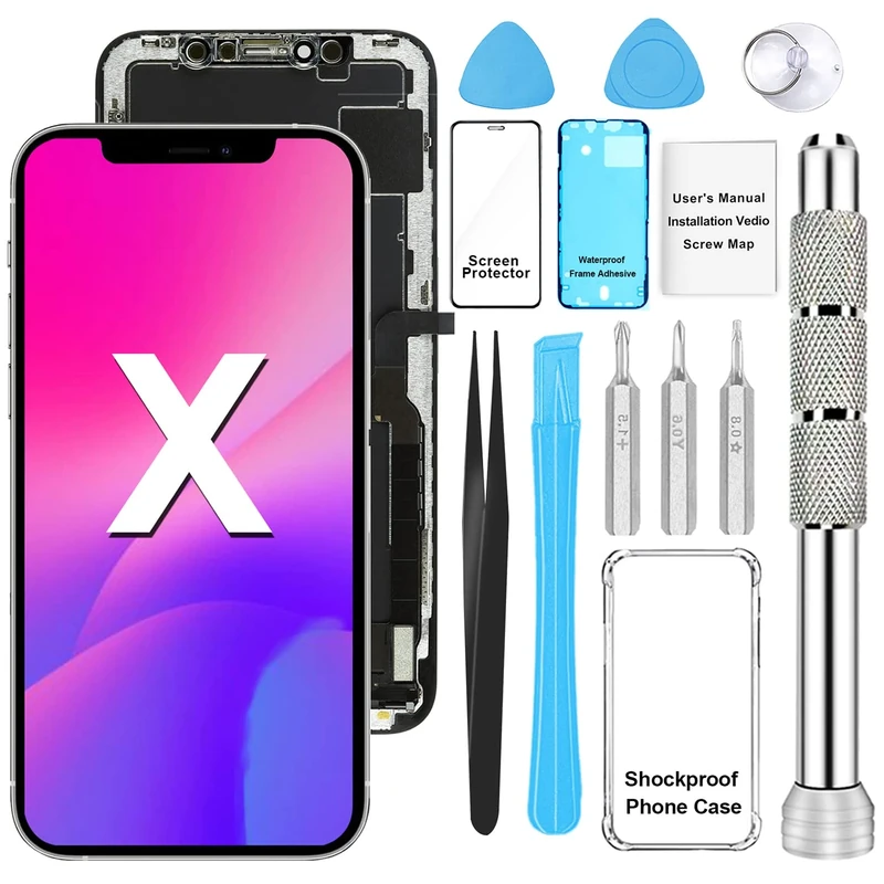 LCD Display Screen for iPhone X Replacement 3D Touch Screen Digitizer Replacement Parts + Repair Tools + Screen Protector+TPU Case 5.8 Inch