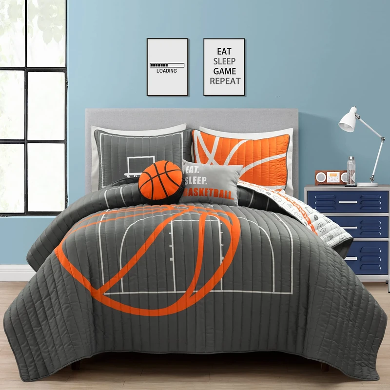 Lush Decor Basketball Game Reversible Oversized 5 Piece Quilt Set, Full/Queen, Charcoal