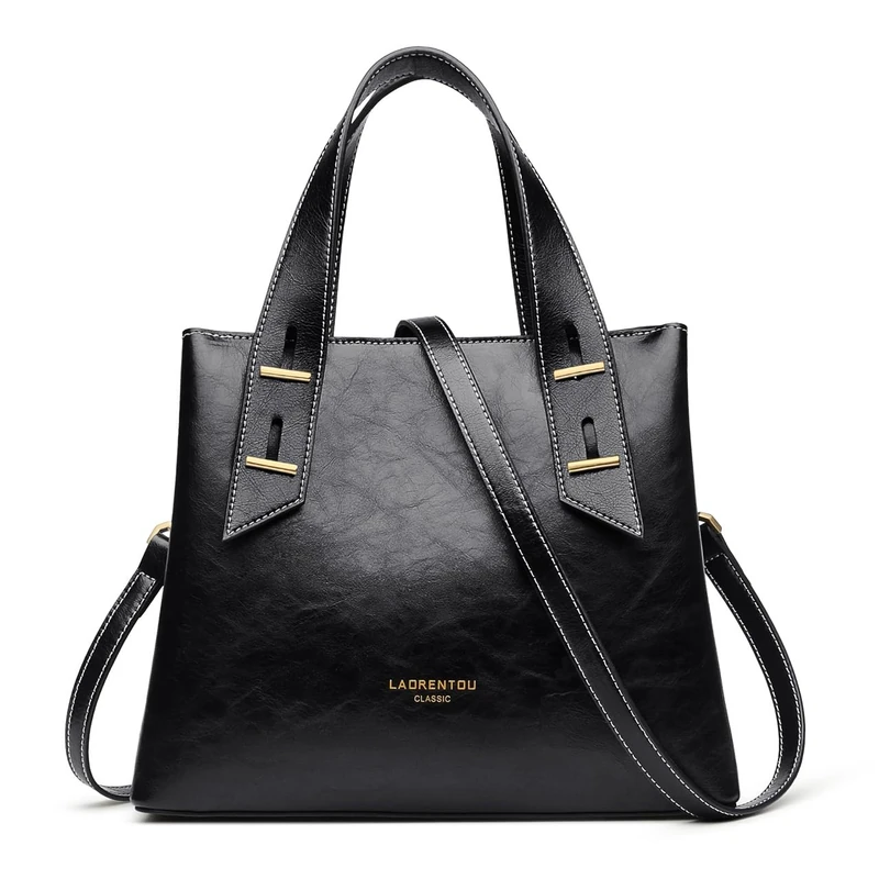LAORENTOU Cow Leather Purses and Small Handbag for Women Satchel Tote Bag Ladies Shoulder Bag for Mother's Day, 01 Black, L
