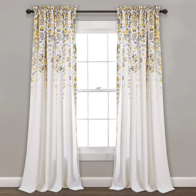 Lush Decor Weeping Flowers Darkening Window Curtains Panel Set for Living, Dining Room, Bedroom (Pair), 52" W x 108" L, Yellow & Gray