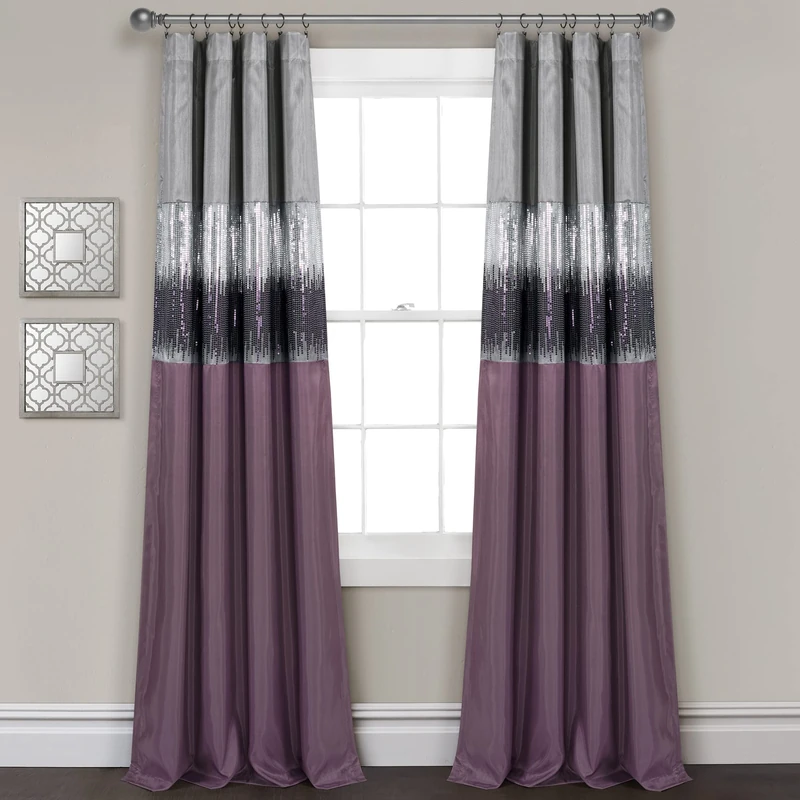 Lush Decor Night Sky 100% Blackout Lined Window Curtain Panel, Single, 42" W x 84" L, Purple & Gray - Sparkle Sequins & Color Block - Modern Glam Decor - Blackout Curtains For Bedroom & Living Room