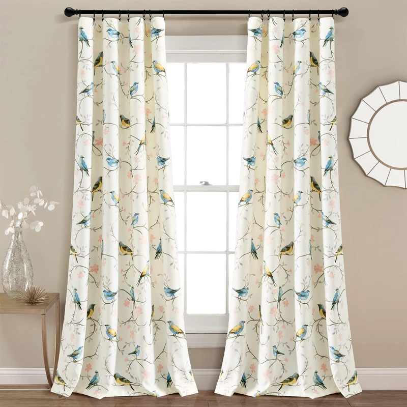 Lush Decor Botanical Bird and Flower Light Filtering Window Curtain Panel Pair, 84" L x 52" W, Multi