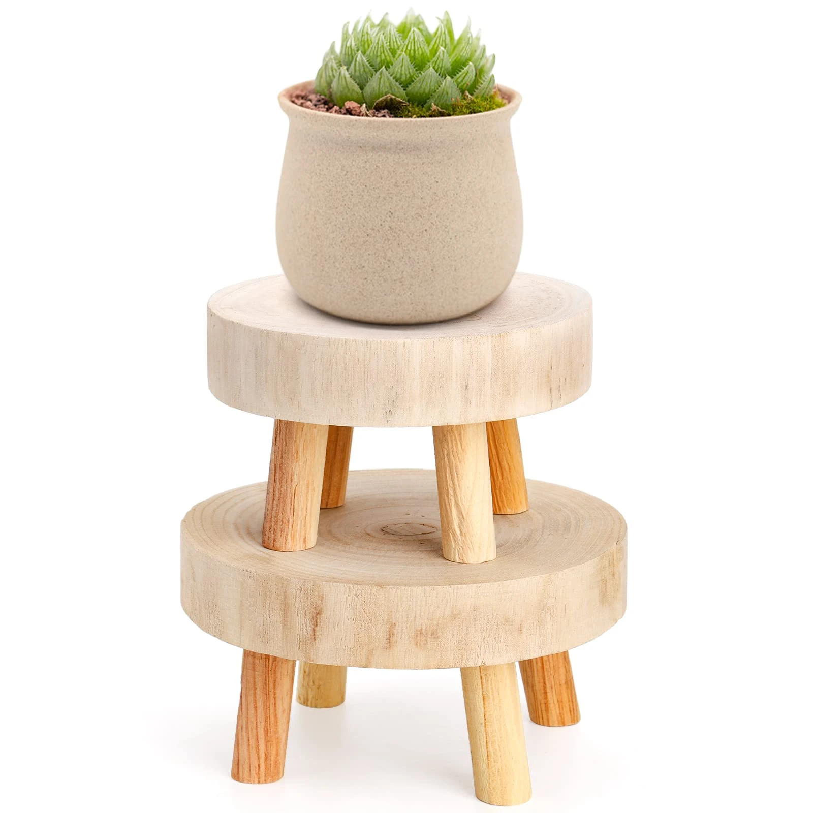 TOPZEA Set of 2 Mini Wooden Plant Stand, Plant Stand Indoor Short Wood Riser Stool Display Decorative Boho Small Pedestal Stand Counter Potted Planter Holder Risers for Candle, Dessert, Gnome