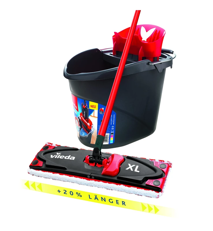 Vileda Ultramax XL Complete Set, XL Floor Mop and Bucket with Press, Microfibre Cover, for All Hard Floors, Removes up to 99% of Bacteria, Sustainable Wiping System, Eco Packaging