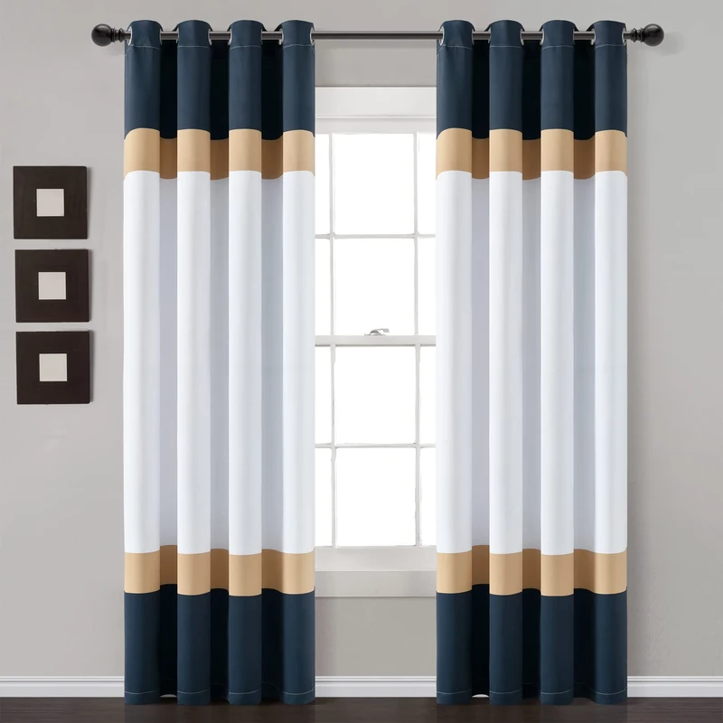 Lush Decor Alexander Color Block Light Filtering Window Curtain Panel Pair, 84" L x 52" W, Navy & Gold