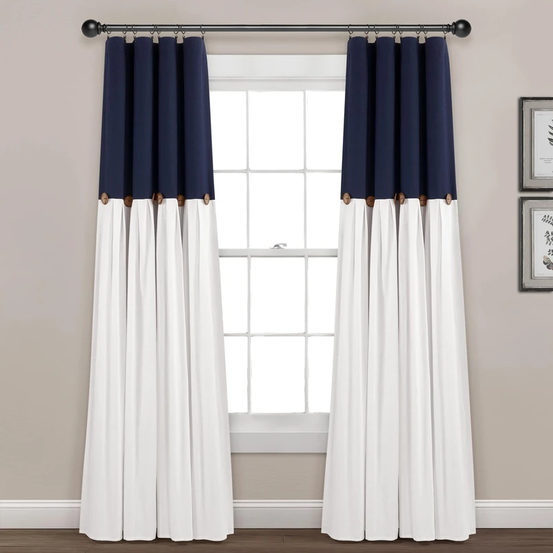 Lush Decor Linen Button 100% Lined Blackout Window Curtain Panel Navy/White Single 40X84