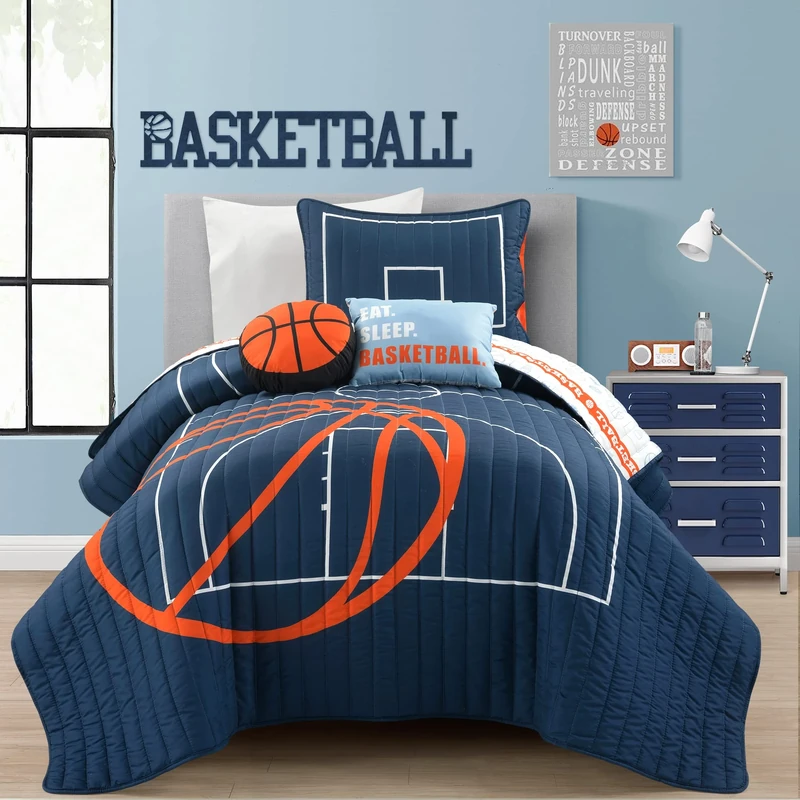 Lush Decor Basketball Game Reversible Quilt Set, 4 Piece Set, Twin, Navy - Soft Kids Bedding Set - Basketball Decor - Sports Quilt - Kids Bedroom Decor
