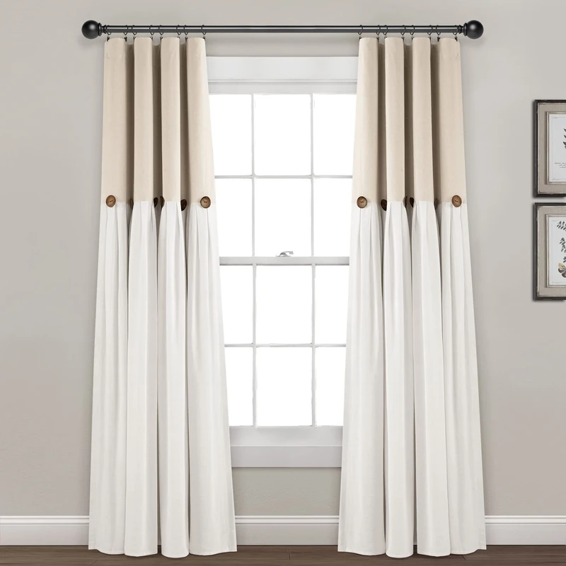 Lush Decor Linen Button 100% Lined Blackout Window Curtain Panel, Single, 40" W x 84" L, Linen - Blackout Curtains - Color Block Design - Farmhouse Curtains For Bedroom, Living Room & Dining Room