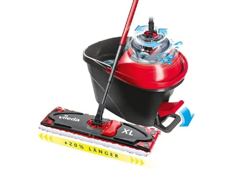 Vileda Ultramax Turbo XL Mop Complete Set | XL Floor Mop with Telescopic Handle & Microfibre Cover | Bucket with Power Spinner & Pedal, Hygienic without Bending - for Large Hard Floors | Eco Packaging