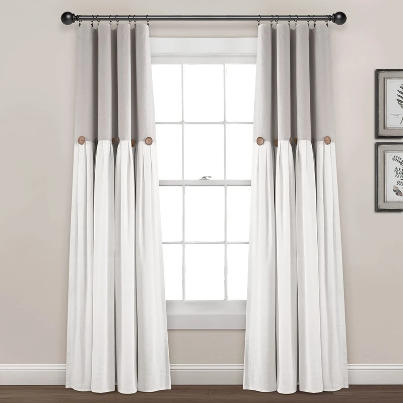 Lush Decor Linen Button 100% Lined Blackout Window Curtain Panel, Single, 40" W x 84" L, Gray & White - Blackout Curtains - Color Block - Farmhouse Curtains For Bedroom, Living Room & Dining Room