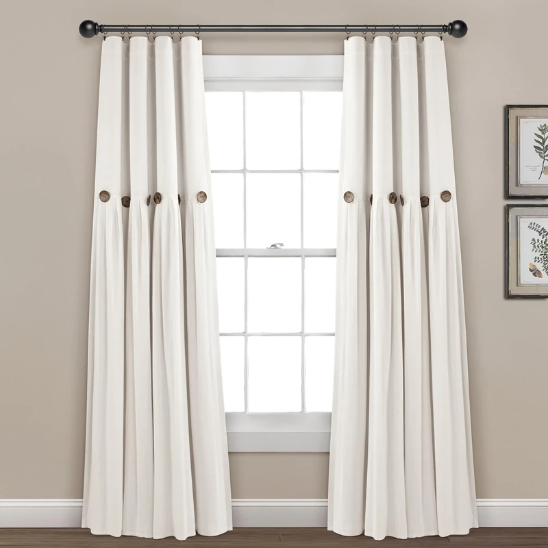 Lush Decor Linen Button 100% Lined Blackout Window Curtain Panel Off White Single 40X84