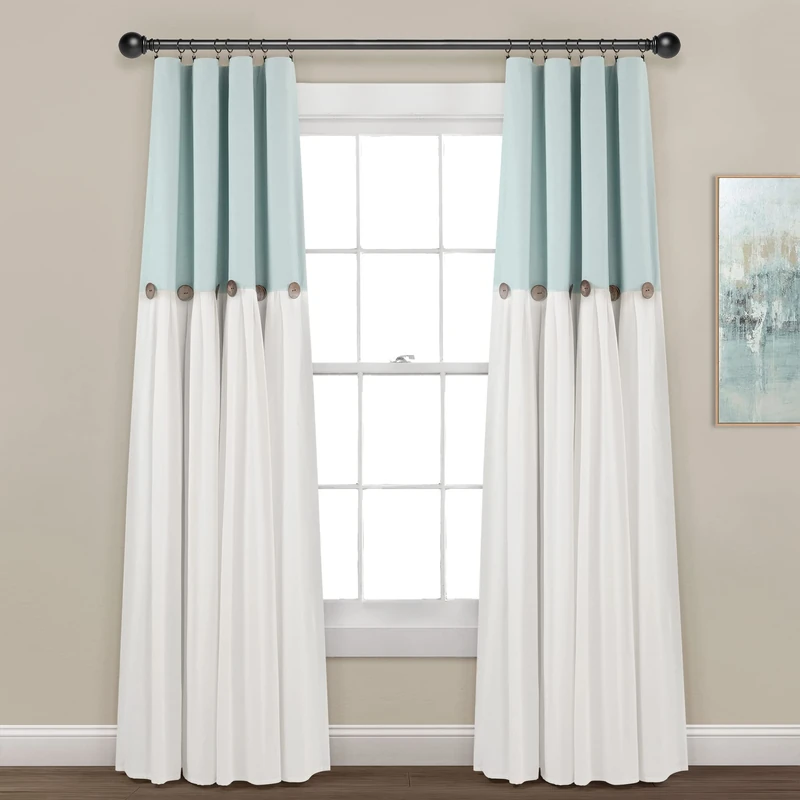 Lush Decor Linen Button 100% Lined Blackout Window Curtain Panel Blue/White Single 40X84