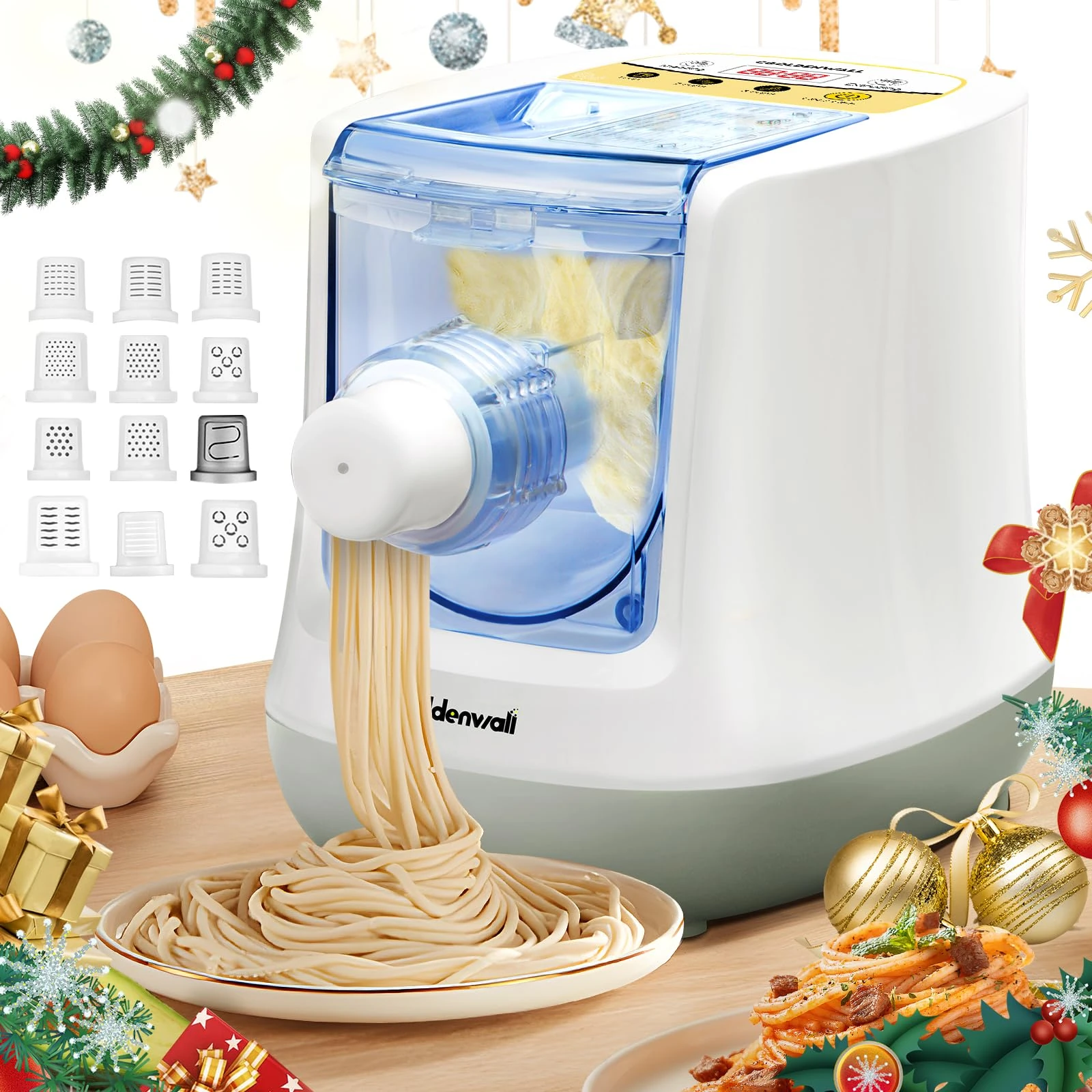 CGOLDEMWALL Automatic Pasta Maker Machine Electric, Digital Control with 12 Shape Discs for Homemade Noodles, Spaghetti, Fettucine and Penne, Up to 650g Flour, White, 260w