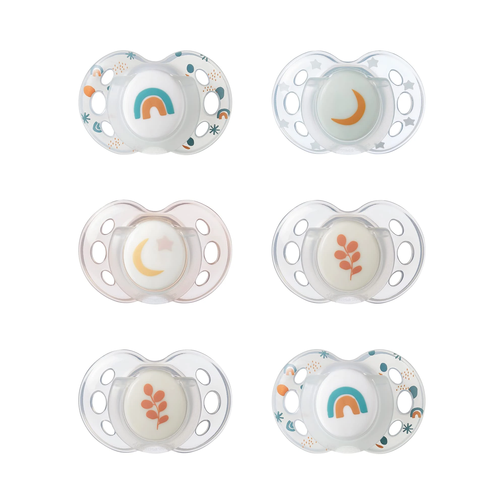 Tommee Tippee Nighttime Soothers, 18-36m, 6 Pack, Glow in The Dark, Varied Colours and Designs, Symmetrical Orthodontic Dummy, BPA-Free Silicone Teat