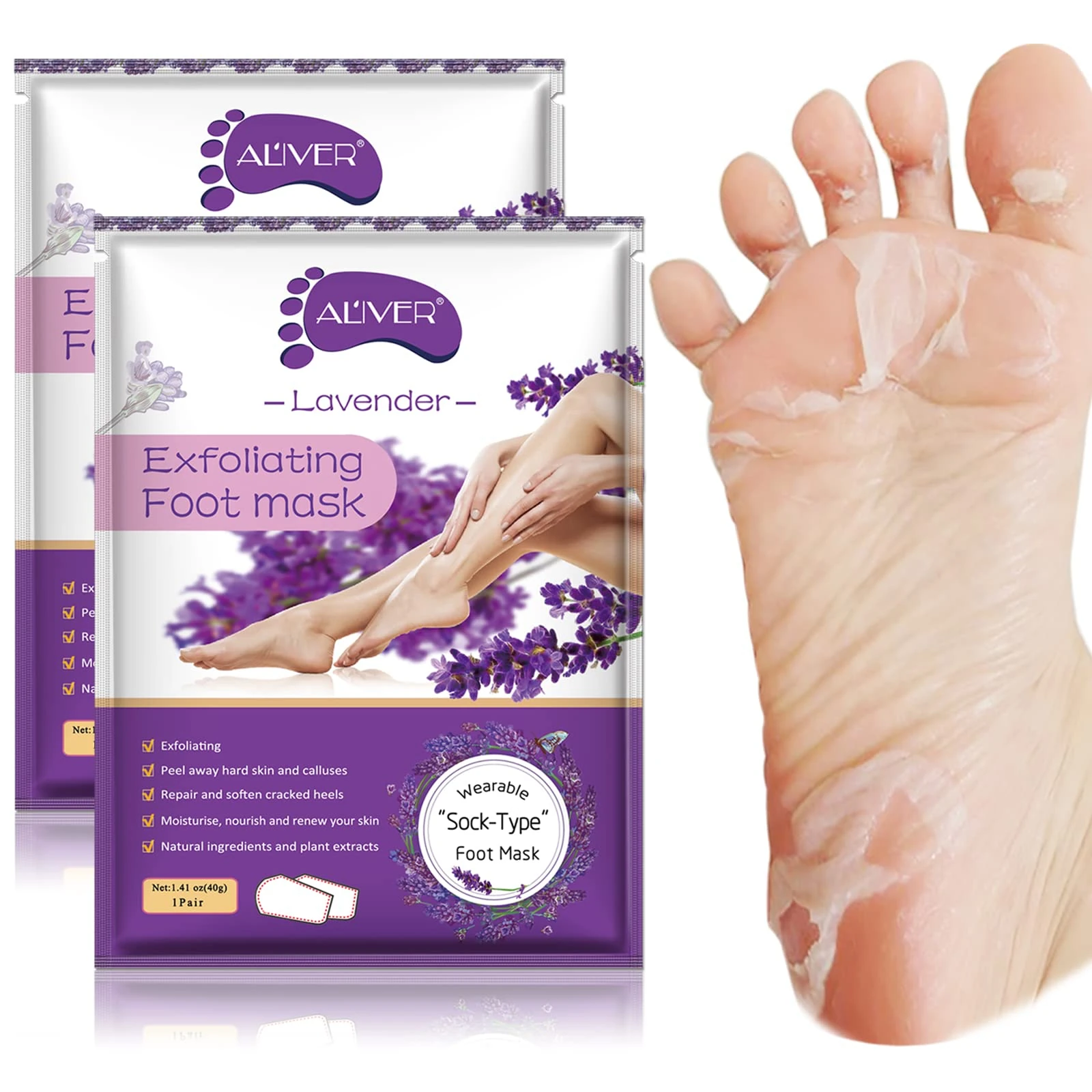 IDUCEN Foot Peel Mask 2 Pack, Callus Remover & Exfoliating Foot Mask for Men & Women, Baby Soft Smooth Touch Feet - Lavender