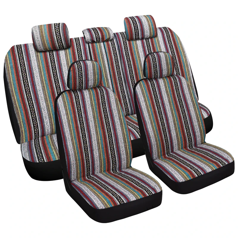 VarCozy Multicolor Baja Saddle Blanket Seat Covers Full Set, Universal Stripe Woven Automotive Seat Cover, Breathable, Washable, Airbag Compatible, Front & Rear, Car, Truck, Van, SUV