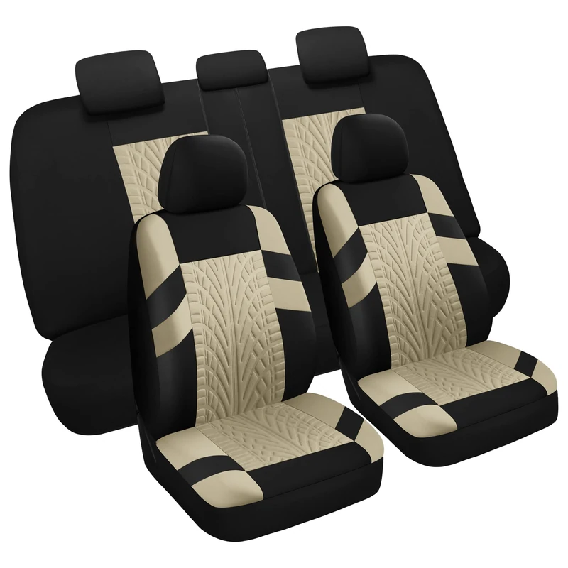 VarCozy Car Seat Covers Full Set, Front Seat Covers and Split Rear Bench Seat Covers for Car, Universal Cloth Seat Covers for SUV, Sedan, Van, Interior Covers, Airbag Compatible, Black&Beige