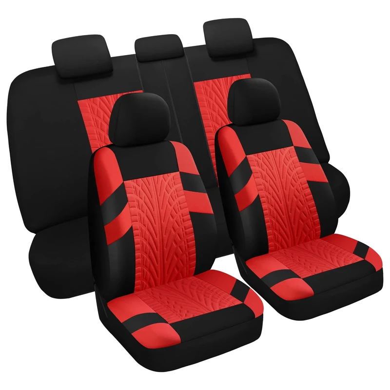 VarCozy Car Seat Covers Full Set, Front Seat Covers and Split Rear Bench Seat Covers for Car, Universal Cloth Seat Covers for SUV, Sedan, Van, Automotive Interior Covers, Airbag Compatible, Black&Red