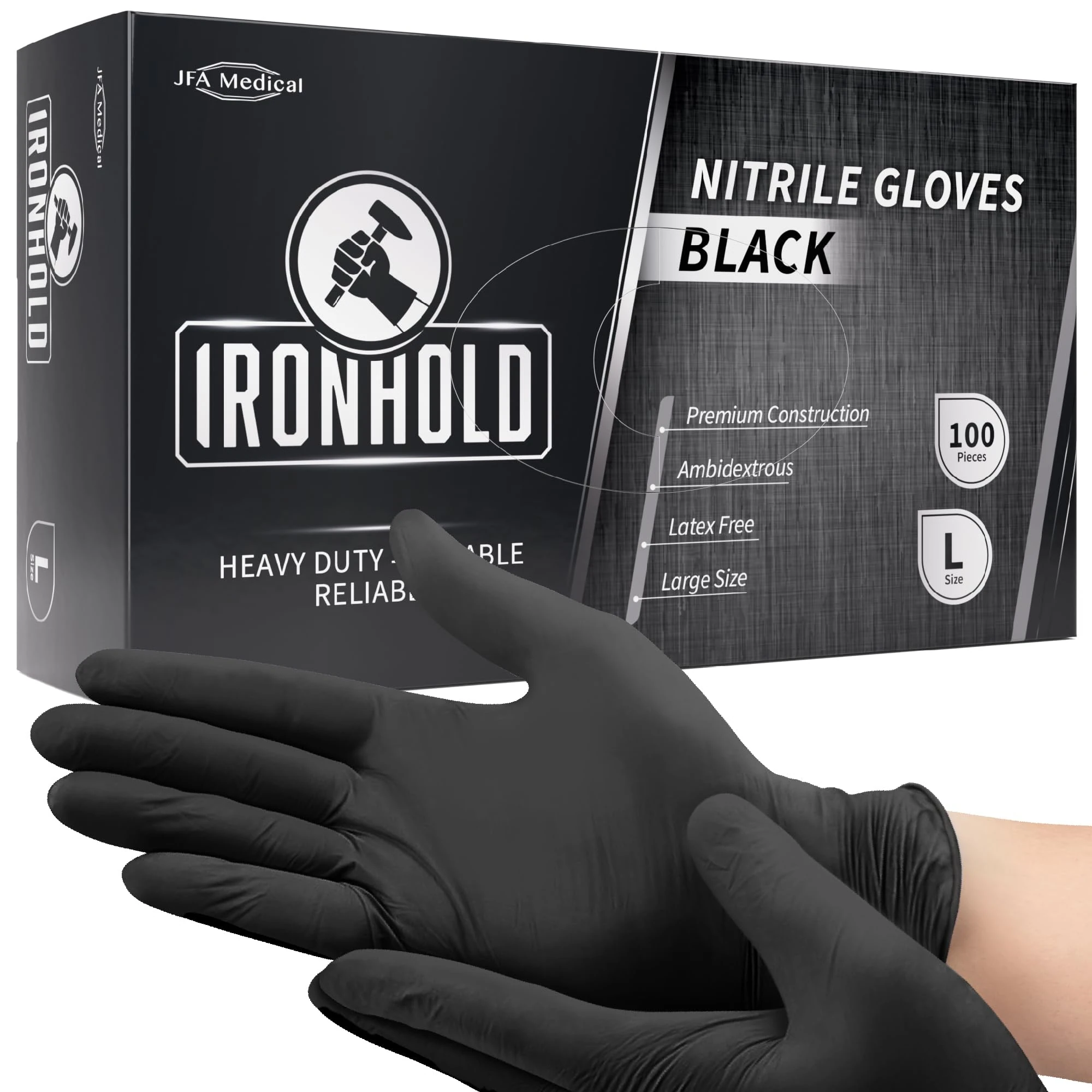 JFA Medical Disposable Mechanic, Tattooist, Tattoo Heavy Duty 5.5G Powder Free Latex Free Black Nitrile Gloves - Box of 100 (L)