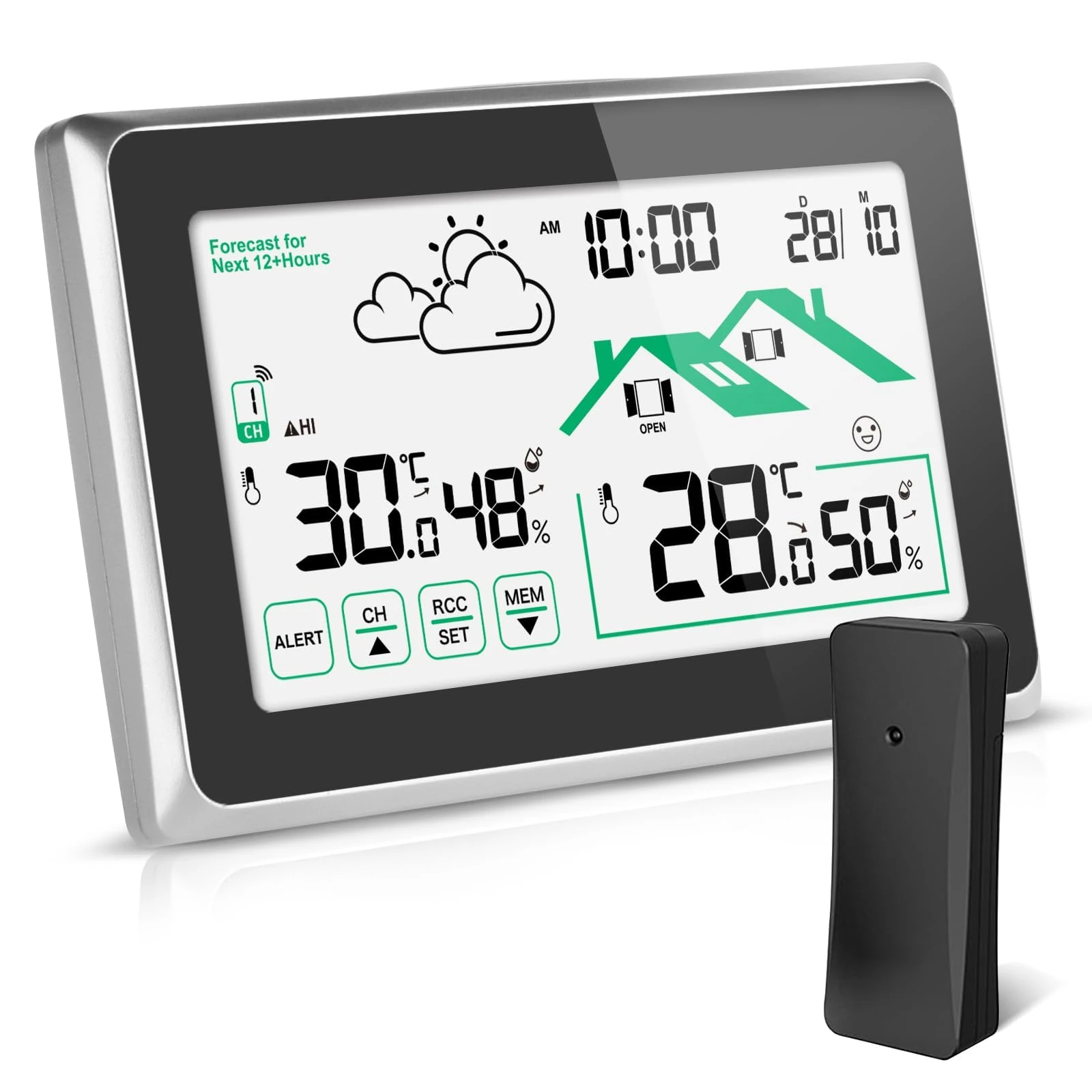 Weather Station, Weather Station with Outdoor Sensor Wireless UK, Digital Room Thermometer Hygrometer Indoor Outdoor, Large LCD Screen with Backlight 12/24H Automatic Time Weather Forecast