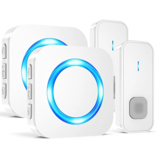 SURFOU Doorbell Wireless, Waterproof Dual Cordless Wall Plug-in Door Bell Chime Kit, Battery Operated 400m Range Twin Remote Doorbell with 2 Receivers 2 Push Buttons, LED Flash 55 Ringtones 5 Volume