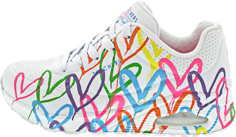 Skechers Women's UNO Highlight Love Sneaker, White and Multi Heart Print Duraleather/WHI, 4 UK