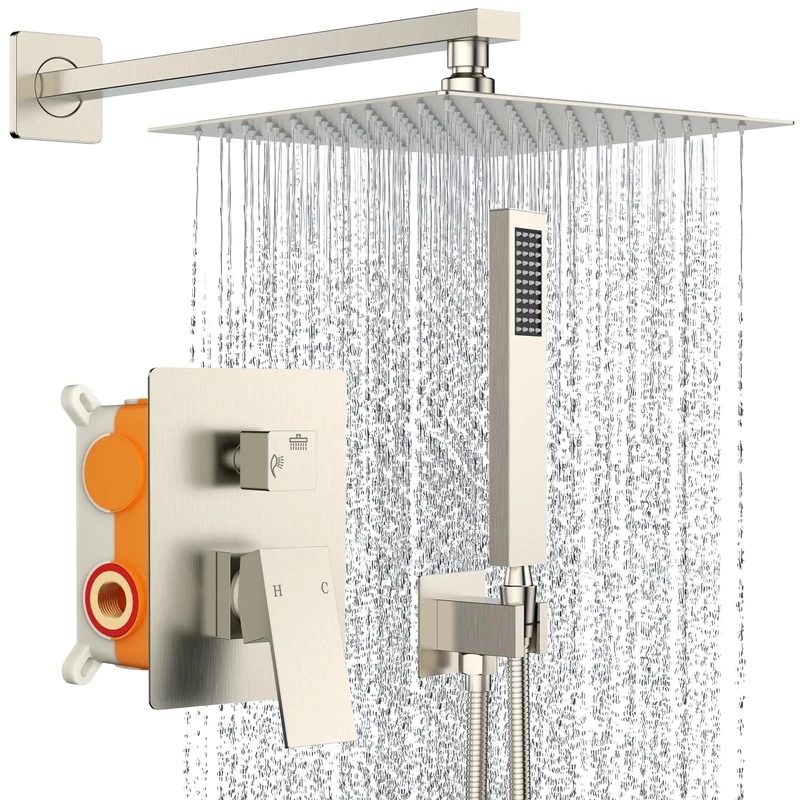 SunCleanse Shower System Rainfall Shower Faucets Set Brushed Nickel, 10 Inch Wall Mounted Rain Shower Head with Handheld Spray Shower Valve and Trim Included