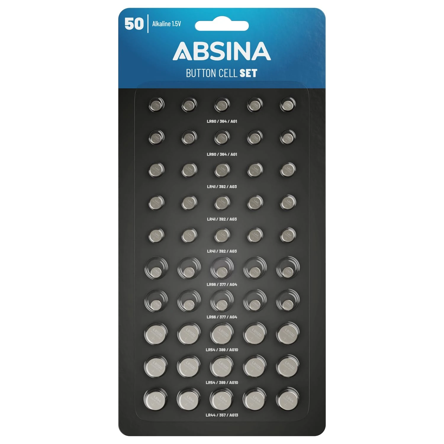 ABSINA button batteries mixed 50 pack Alkaline 1.5V - 10x AG1 / 15x AG3 / 10x AG4 / 10x AG10 / 5x AG13 - Assorted watch batteries, watch batteries assorted sizes, button cell batteries assorted