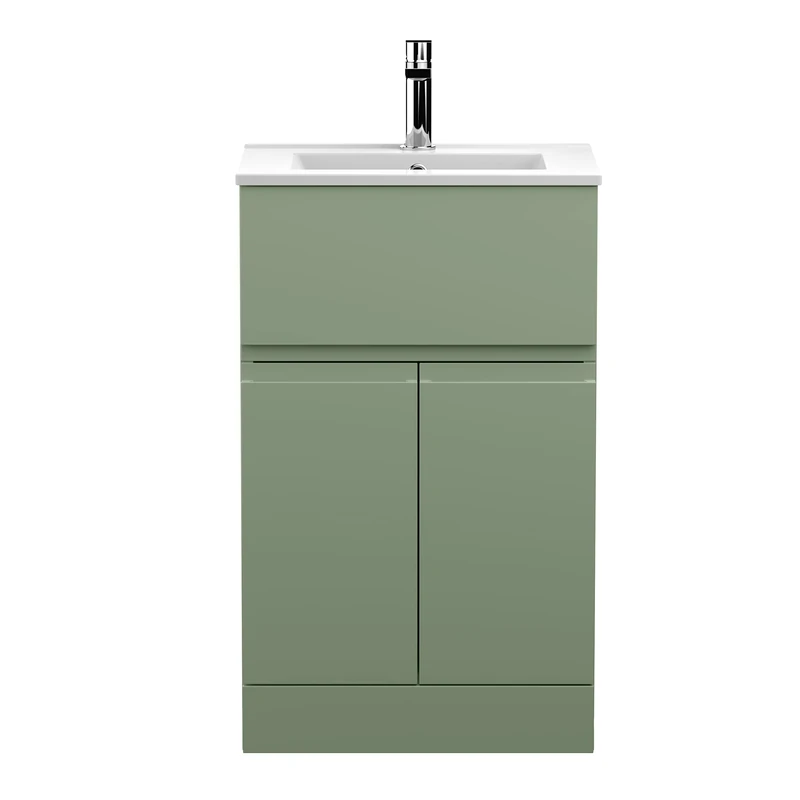 Hudson Reed URB801B Urban Modern Bathroom Floor Standing 2 Door 1 Drawer Vanity Basin Unit with Minimalist Ceramic Basin, 500mm, Satin Green