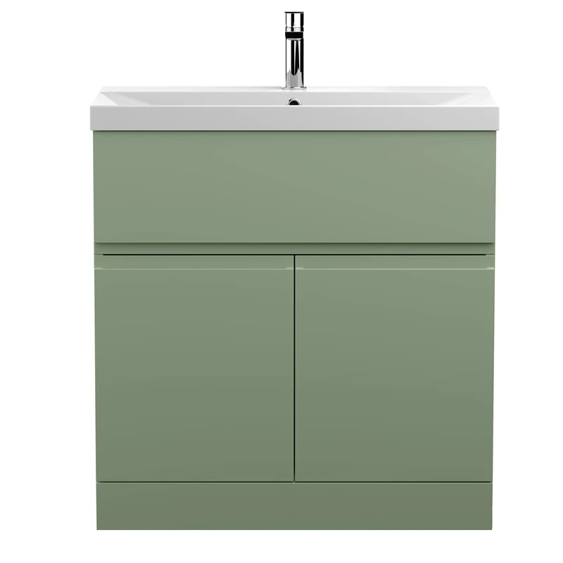 Hudson Reed URB805D Urban Modern Bathroom Floor Standing 2 Door 1 Drawer Vanity Basin Unit with Thin-Edge Ceramic Basin, 800mm, Satin Green