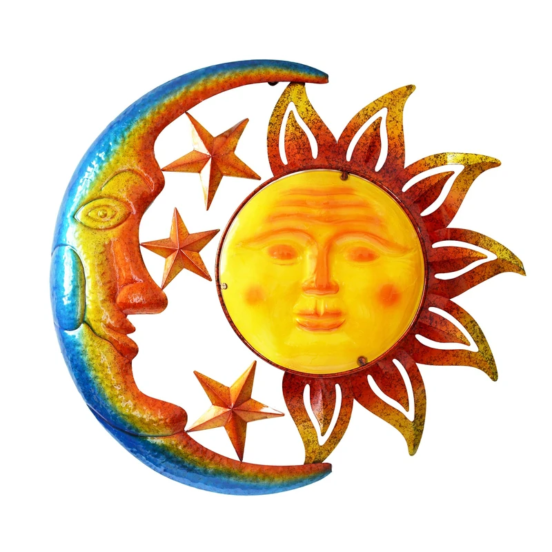 BVLFOOK 18 Inch Large Metal Wall Art Sun Moon Star Bright Color Inspirational Heavenly Decor Rust Resistant Hanging Metal Sculpture Indoor or