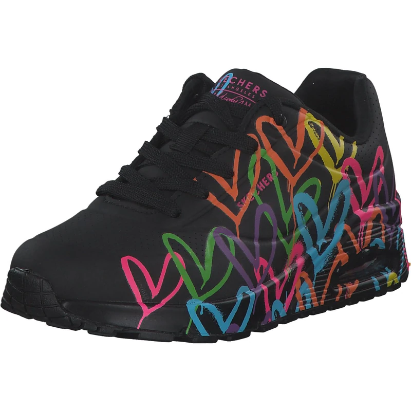 Skechers Women's UNO Highlight Love Sneaker, Black and Multi Heart Print Duraleather/Bla, 3 UK