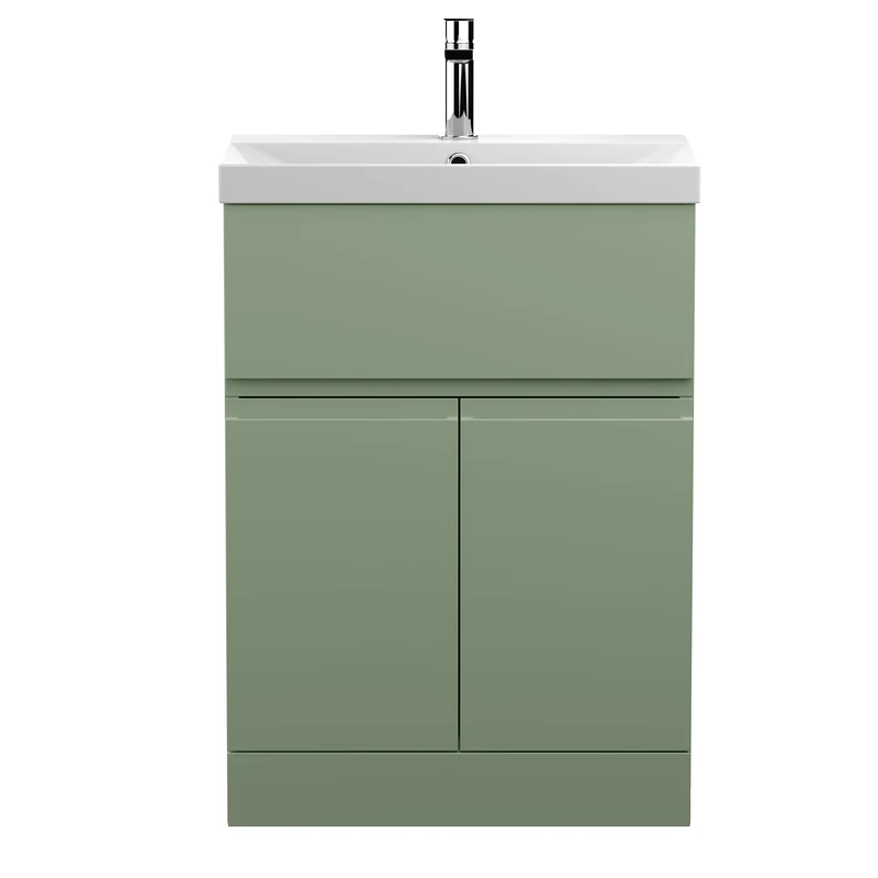 Hudson Reed URB803D Urban Modern Bathroom Floor Standing 2 Door 1 Drawer Vanity Basin Unit with Thin-Edge Ceramic Basin, 600mm, Satin Green