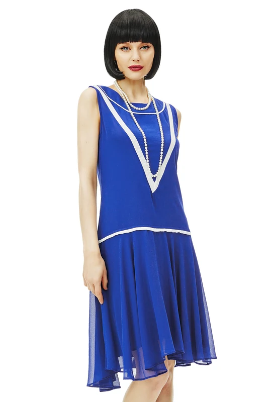 BABEYOND Women’s 1920s Inspired Flapper Dress - Low-Waist Sleeveless Party Chiffon Dress, Blue, XL